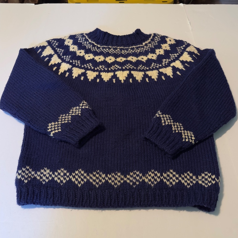 Cheryl Spencer Hand Knit Sweater Blue Fair Isle Vintage Medium Wool Pullover